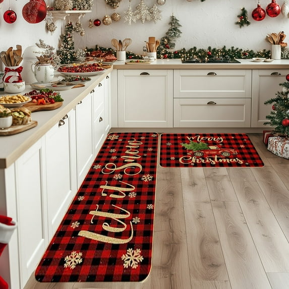 Christmas Kitchen Rug Set - Non-Slip Polyester Mats, 2-Piece L-Shape Runner, Waterproof Absorbent Floor Rugs for Kitchen, Entryway, Doorway - Machine Washable, Anti-Fatigue Backing