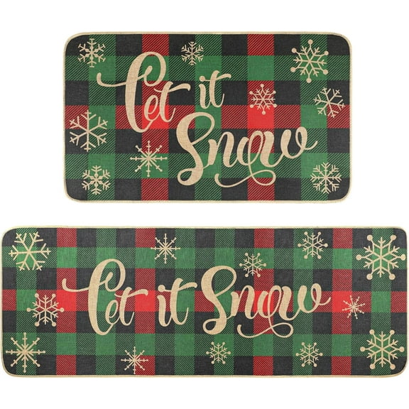 Christmas Kitchen Rug Sets 2 Piece Christmas Plaid Rugs Waterproof Non-Slip Kitchen Mats and Rugs Winter Christmas Doormat Rubber Back Low-Profile Merry Christmas Home Decorations Kitchen Mats