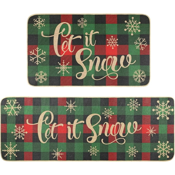 Christmas Kitchen Rug Sets 2 Piece Christmas Plaid Rugs Waterproof Non-Slip Kitchen Mats and Rugs Winter Christmas Doormat Rubber Back Low-Profile Merry Christmas Home Decorations Kitchen Mats