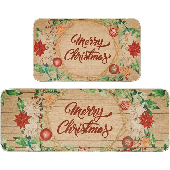Christmas Kitchen Rug Sets 2 Piece Merry Christmas Flax Waterproof Non-Slip Kitchen Mats and Rugs Winter Christmas Doormat Rubber Back Low-Profile Merry Christmas Home Decorations Kitchen Mats
