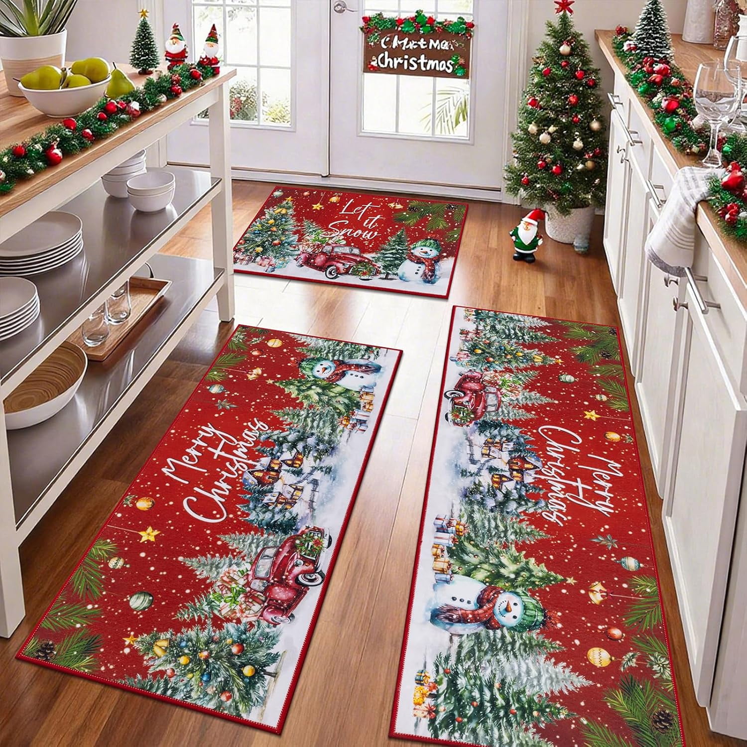 Christmas Kitchen Rug and Mat Set of 3, Non Skid Merry Christmas Tree ...