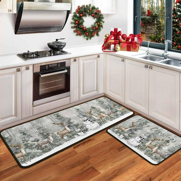 Christmas Kitchen Rugs Green Xmas Trees Deer Snowman Kitchen Mats Set of 2, Christmas Decorations for Home, Non-Slip Backing Winter Holiday Floor Mat Xmas Decor Washable Rug 17"x47.2"+17"x30"