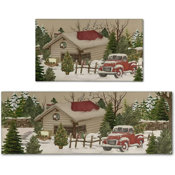Christmas Kitchen Rugs - Kitchen Mat Set of 2, Christmas Rug Kitchen Christmas Decor, Christmas Holiday Kitchen Mats for Floor, red Vintage Christmas Kitchen Rugs 2 Piece 17x47 and 17x30 Inch