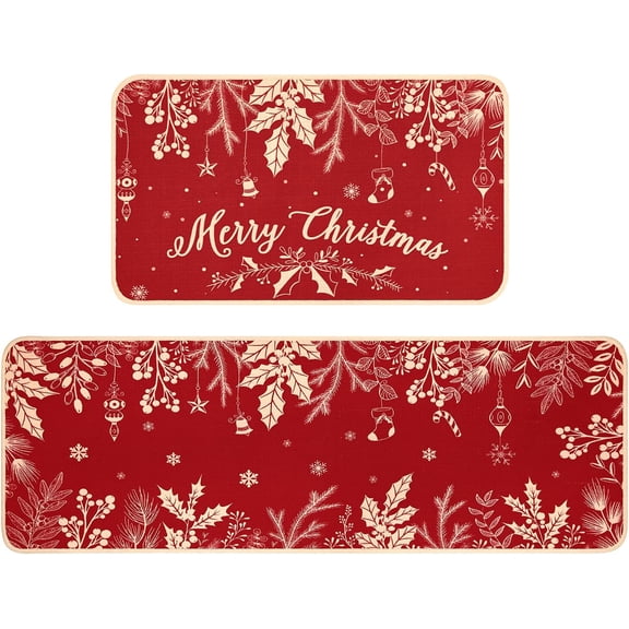 Christmas Kitchen Rugs Mat Set, Indoor Red Holiday Slip Doormat 2 Pack, Winter Essentials with Holly Pine Branches Leaves, Kitchen Rugs for Xmas Kitchen Bedroom Farmhouse Decorations