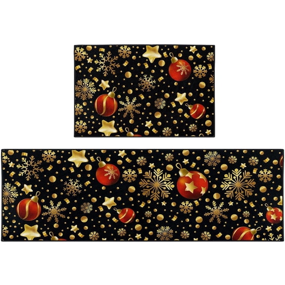 Christmas Kitchen Rugs and Mats Non Skid Washable Set of 2, Vintage Gold Snowflakes Kitchen Floor Mats, Xmas Balls Black Kitchen Runner Rug, Winter Kitchen Decor