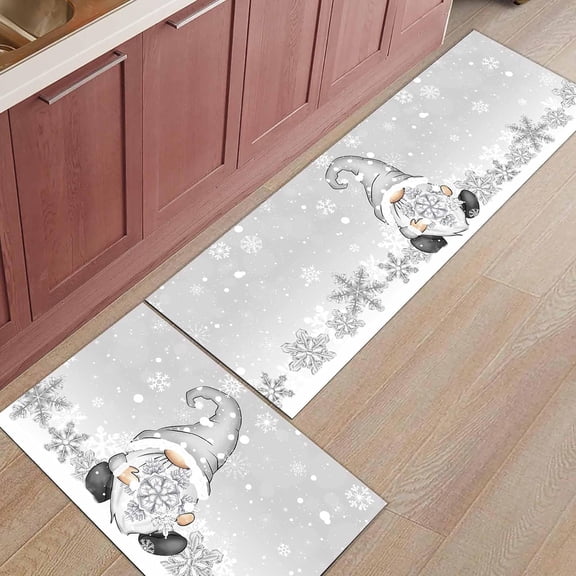 Christmas Kitchen Rugs and Mats Set of 1 Gnome Holding Snowflakes Gray Background Kitchen Sink Mat,Non-Slip Area Runner Rug,Washable Floor Mat for Home Dining Room Office 15"x47"