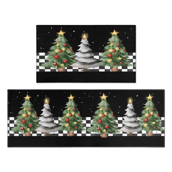 Christmas Kitchen Rugs and Mats Set of 2,Buffalo Plaid Christmas Tree Merry Christmas Kitchen Mat,Xmas Winter Holiday Non Slip Low-Profile Sink Mat Decorations for Home Kitchen 17x47+17x30 Inches