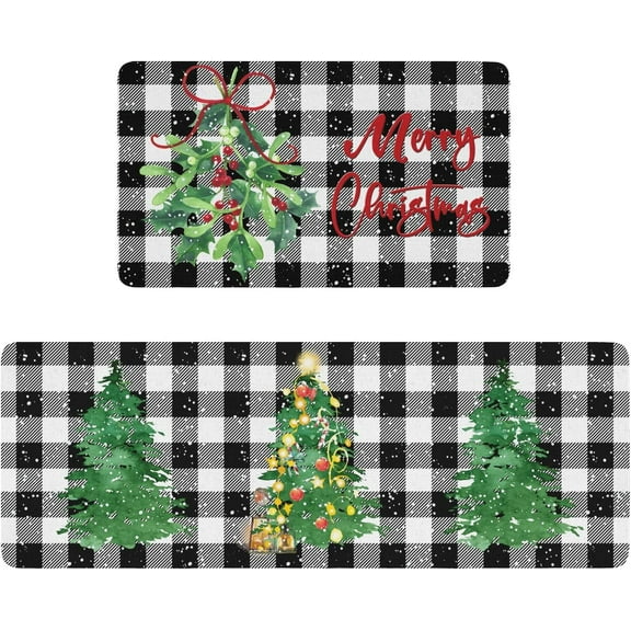Christmas Kitchen Rugs and Mats Set of 2,Buffalo Plaid Merry Christmas Tree Holly Kitchen Mat,Xmas Winter Holiday Non Slip Low-Profile Sink Mat Decorations for Home Kitchen 18x48+18x30 Inches