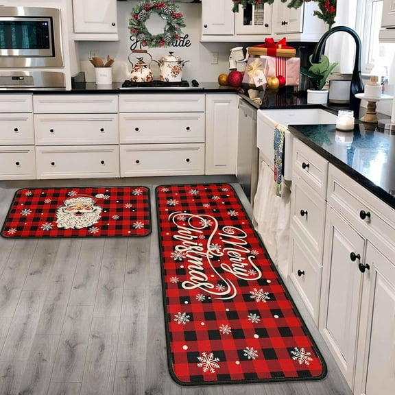 Christmas Kitchen Rugs and Mats Set of 2, Christmas Decorations for Home Non Slip Backing Winter Holiday Kitchen Rug Seasonal Low-Profile Kitchen Floor Mat Xmas Decor 17"X47"+17"X30"
