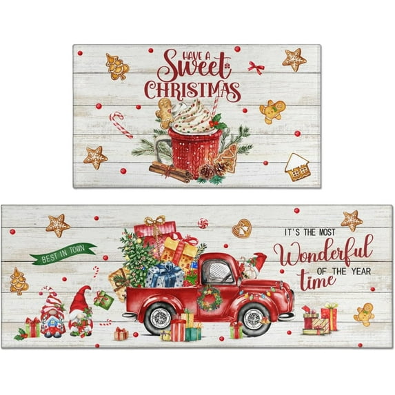 Christmas Kitchen Rugs and Mats Set of 2,Christmas Gnomes Gingerbread Truck Wood Grain Non-Slip Cozy Washable Floor Mats for Kitchen Sink Fronts and Christmas Farmhouse Kitchen Decor, 17x30+17x47Inch