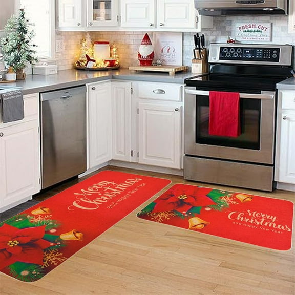 Christmas Kitchen Rugs and Mats Set of 2,Christmas Kitchen Rugs Sets,Non Slip Washable Kitchen Mats,Christmas Poinsettia Winter Holiday Party Low-Profile Floor Mat Decorations for Home Kitchen