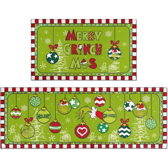 Christmas Kitchen Rugs and Mats Set of 2, GreenChristmas Bathroom Rug Non Slip Cushioned Mat Runner Rug Doormat for Christmas Farmhouse Kitchen Decor,17x30+17x47inch