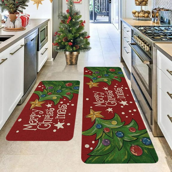 Christmas Kitchen Rugs and Mats Set Of 2, Non Slip Backing, Holiday Kitchen Rug, Low Profile Floor Mat, Xmas Decorations for Home, Red Polyester, 40x60cm and 40x120cm