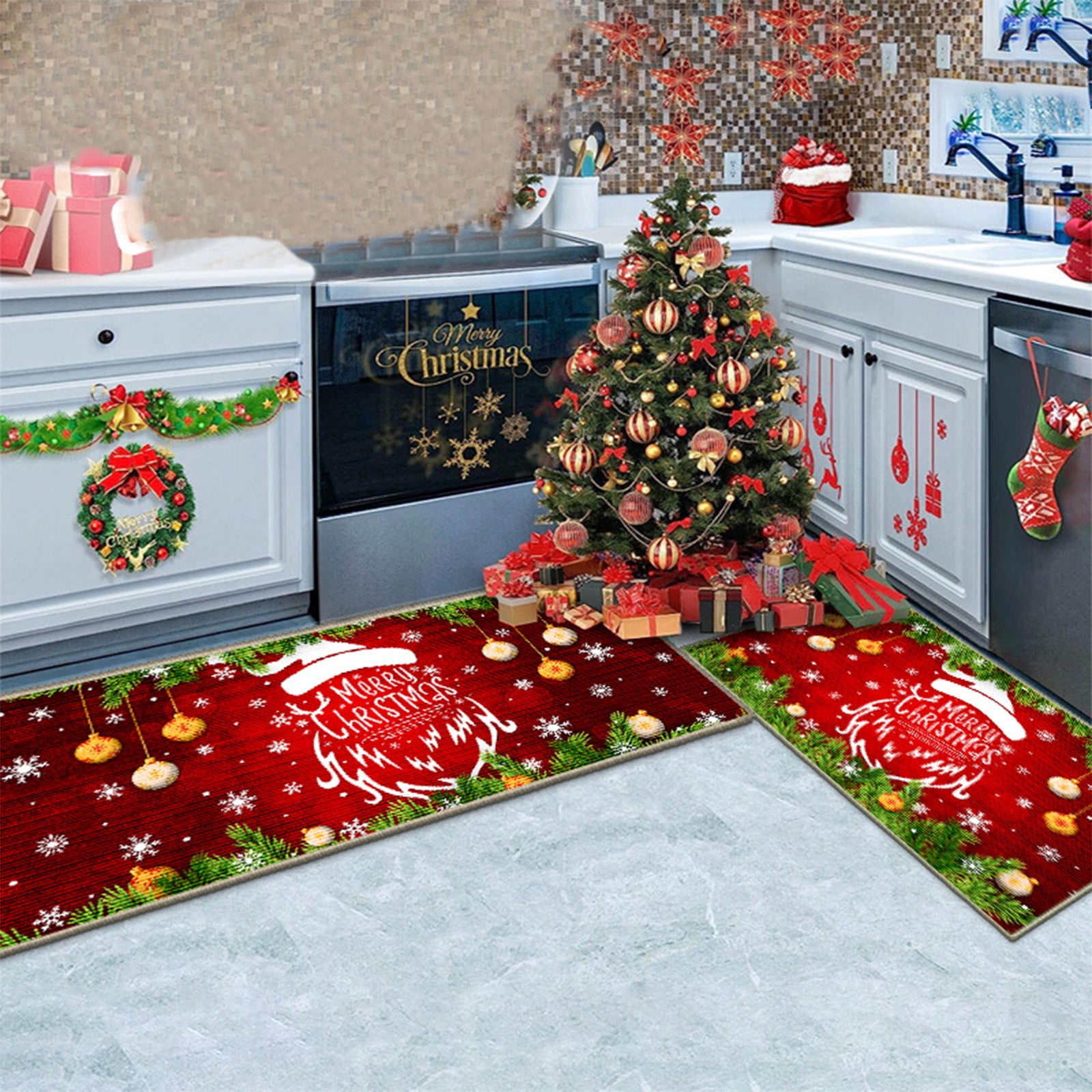 FAHXNVB Christmas Kitchen Rugs and Mats Set of 2, Non Slip Winter Holiday Kitchen Rug Christmas Decorations for Home Seasonal Low-Profile Kitchen Floor Mat