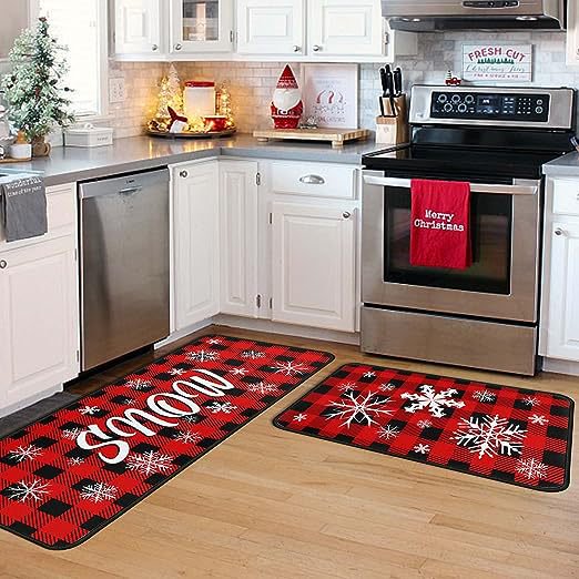 Christmas Kitchen Rugs and Mats Set of 2, Christmas Snowman Winter New Year Holiday Party Low