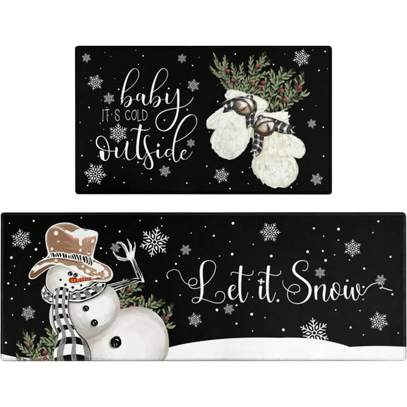 Christmas Kitchen Rugs and Mats Set of 2,Winter Snowman Let It Snow Snowflake Knitted Gloves Xmas Holiday Sink Floor Mat Non Skid Washable for Home Farmhouse Christmas Decor 17"x47"+17"x30"
