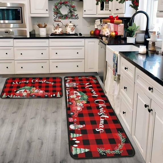 Christmas Kitchen Rugs and Mats Set of 2, Xmas Decor Non Slip Backing Winter Holiday Kitchen Rug Christmas Decorations for Home Seasonal Low-Profile Kitchen Floor Mat 17"X47"+17"X30"