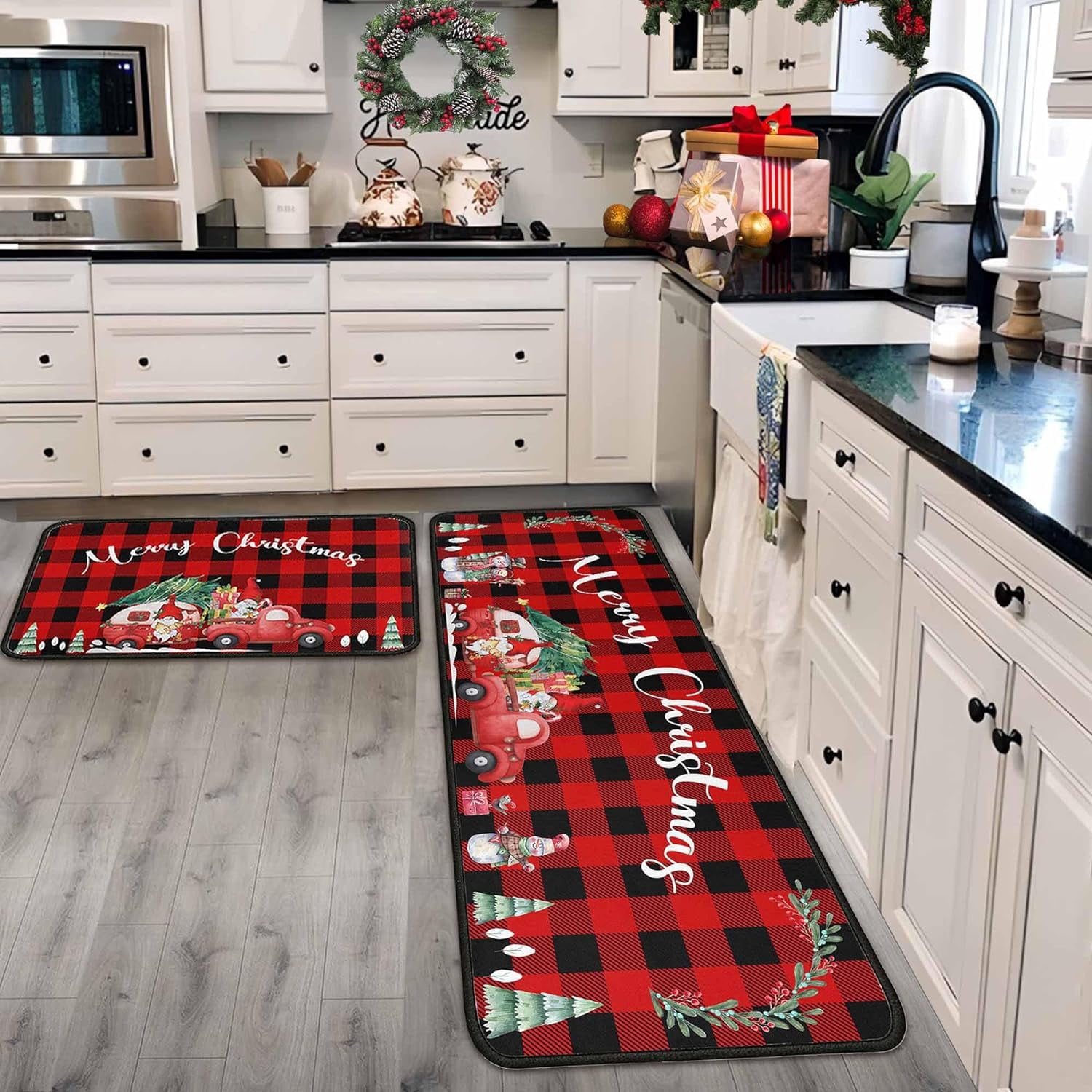 Christmas Kitchen Rugs and Mats Set of 2, Xmas Decor Non Slip Backing ...