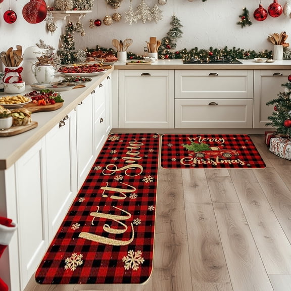 Christmas Kitchen Rugs and Mats Set Non-Slip Absorbent Floor Mat Waterproof Runner for Holiday Home Decor Kitchen Bathroom Entryway Laundry Room Anti-Fatigue Cushioned Washable Indoor Doormat