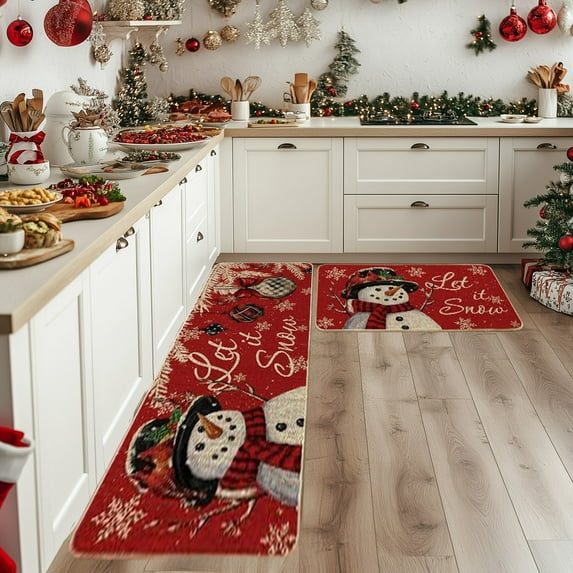 Christmas Kitchen Rugs and Mats Set Non-Slip Absorbent Floor Mat Waterproof Runner for Holiday Home Decor Kitchen Bathroom Entryway Laundry Room Anti-Fatigue Cushioned Washable Indoor Doormat