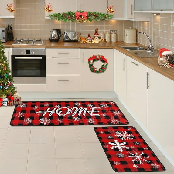 Christmas Kitchen Rugs, Non Slip Kitchen Mats, Merry Christmas Kitchen Decor Rug Sets with Rubber Backing for Floor, Red Xmas L Shape Mat Set 16x24 and 16x48 Inches
