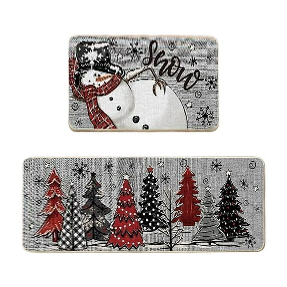 Christmas Kitchen Rugs Non Slip Mats Set, Holiday Decor, Absorbent Polyester, Cushioned Anti-Fatigue, 16x24in+16x48in, Multi-Use, Machine Washable