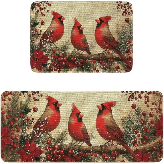 Christmas Kitchen Rugs Set of 2 (17x30+17x47) 2 Piece Red Merry Christmas Non-Slip Backing Kitchen Mats Water Resistant 2PCs Vintage Birds Kitchen Rugs