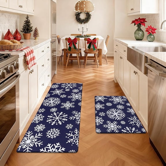 Christmas Kitchen Rugs Set of 2 Anti-Fatigue Kitchen Mats Cushioned Blue Christmas Kitchen Rugs White Snow Farmhouse Kitchen Mats and Rugs for Xmas 17.3x29+17.3x47, Blue Snowflakes