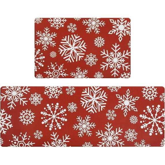 Christmas Kitchen Rugs Set of 2 Anti-Fatigue Kitchen Mats Cushioned Red Christmas Kitchen Rugs White Snow Farmhouse Kitchen Mats and Rugs for Xmas 17x27.5+17x47, Snowflakes