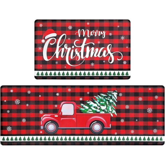 Christmas Kitchen Rugs Set of 2 Anti-Fatigue Kitchen Mats Cushioned Red Plaid Christmas Truck Kitchen Rugs Buffalo Checker Kitchen Mats and Rugs for Xmas 17"x27.5"+17"x47"
