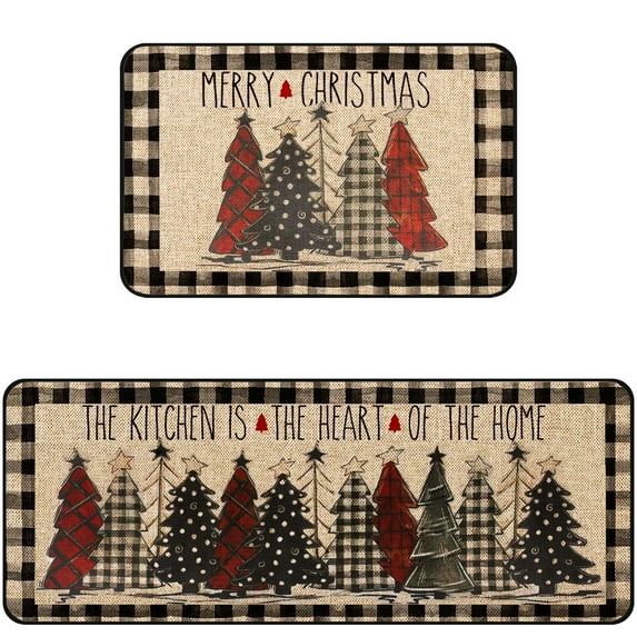 Christmas Kitchen Rugs Set of 2, Christmas Rugs for Kitchen, Buffalo Plaid Xmas Tree Merry Christmas Kitchen Mats, Winter Home Decor Low-Profile Kitchen Rugs, 16x24 and 16x47 Inch