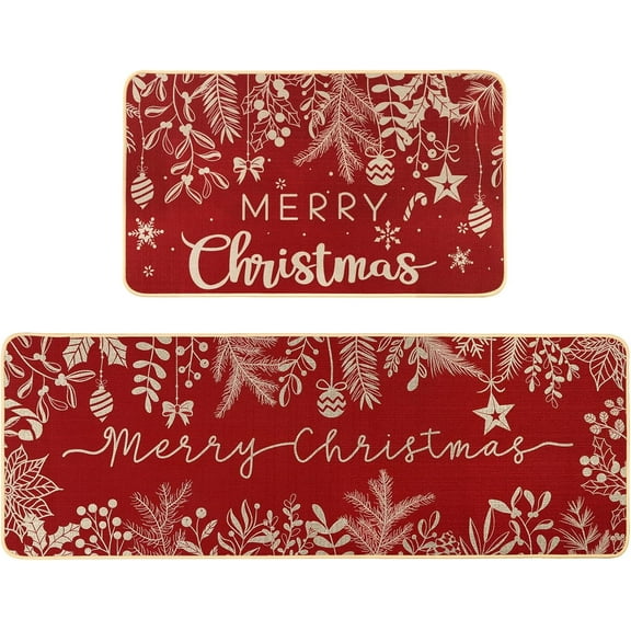 Christmas Kitchen Rugs Set of 2 Merry Christmas Kitchen Mats for Floor Winter Decor Holly Pine Branches Leaves Red Kitchen Rugs for Xmas Kitchen Bedroom Farmhouse Decorations