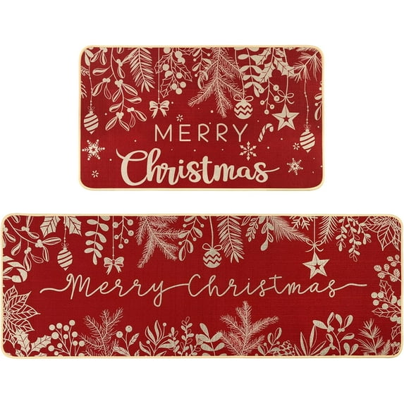 Christmas Kitchen Rugs Set of 2 Merry Christmas Kitchen Mats for Floor Winter Decor Holly Pine Branches Leaves Red Kitchen Rugs for Xmas Kitchen Bedroom Farmhouse Decorations