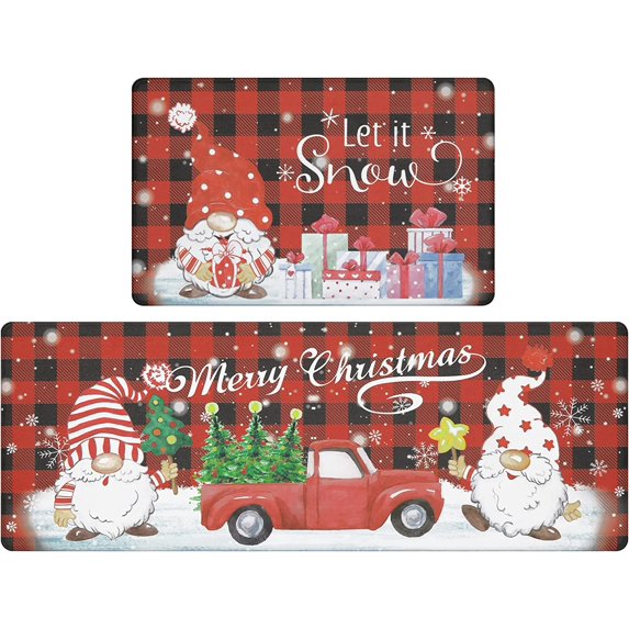 Christmas Kitchen Rugs Set of 2 Non Slip Cushioned Anti Fatigue Kitchen Floor Mat with Runner Waterproof Red Buffalo Plaid Floor Carpet Farmhouse Kitchen Mats for Holiday Winter Decoration