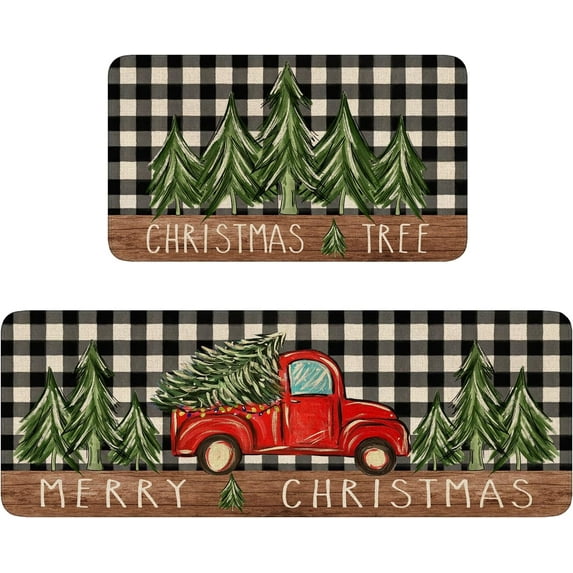 Christmas Kitchen Rugs Set of 2,Red Truck Christmas Tree Kitchen Mat for Floor,Winter Holiday Non-Slip Washable Kitchen Sink Mats Kitchen Decor Doormat+Runner Rug
