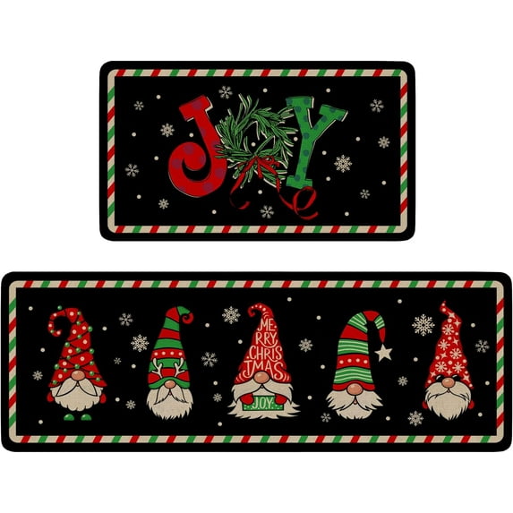 Christmas Kitchen Rugs Sets of 2,Black Gnomes Xmas Joy Kitchen Mat for Floor, Xmas Winter Holiday Non-Slip Washable Kitchen Sink Mats Kitchen Decor Doormat(17x30In)+Runner Rug(17x47In)