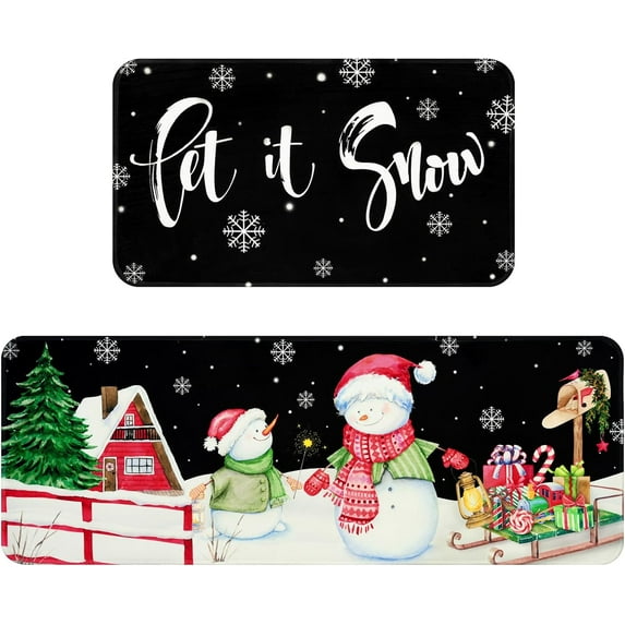Christmas Kitchen Rugs Sets of 2, Christmas Snowman Kitchen Rugs Non Slip, Winter Christmas Let It Snow Low-Profile Kitchen Floor Mat, 18x48+18x30, Christmas Decorations Gift
