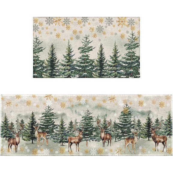 Christmas Kitchen Rugs Sets of 2 Non Slip Xmas Trees Deer Snowflakes Kitchen Runner Rug with Rubber Backing Washable Rustic Winter Kitchen Mats for Floor Carpet 17"x47"+17"x30" for Hallway Laundry