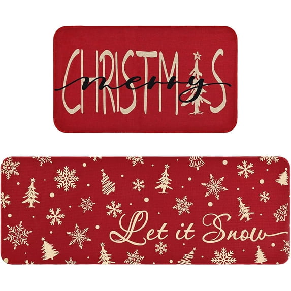 Christmas Kitchen Rugs Sets of 2 Piece, Red Merry Christmas Kitchen Mats for Floor, Xmas Trees Snowflake Mat, Non-Slip Washable Rug for Home, Winter Holiday Decor Rug 17x29 and 17x47 Inch