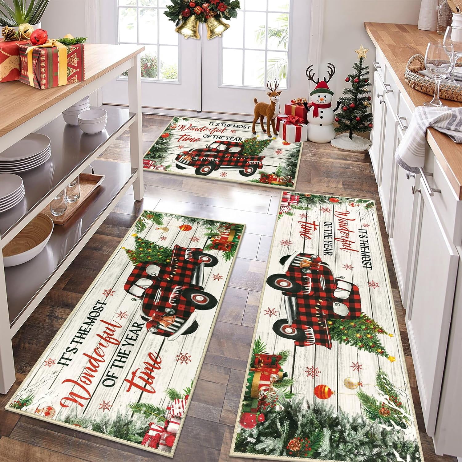 Christmas Kitchen Rugs Sets of 3, Non Slip Christmas Tree Rug for ...