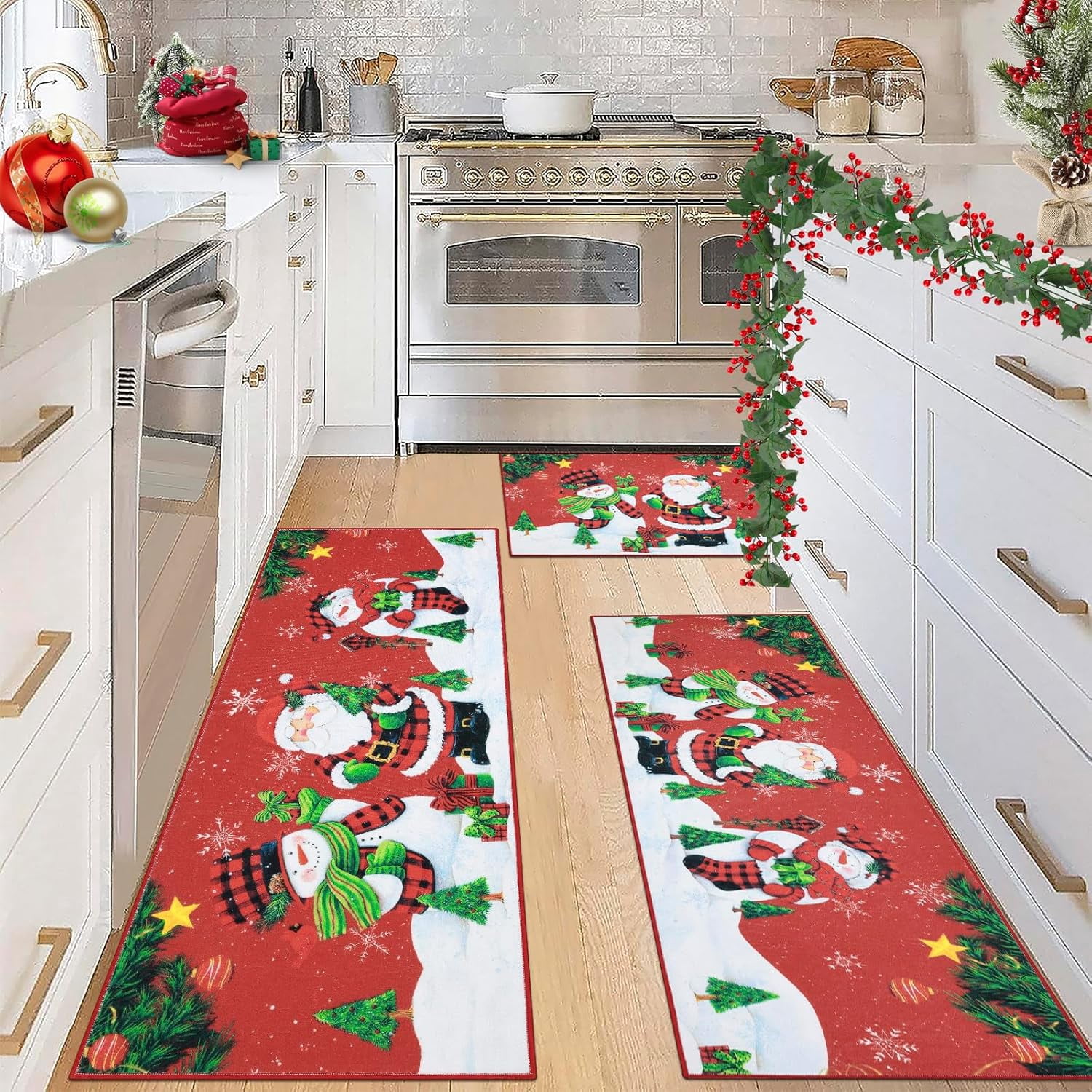 Christmas Kitchen Rugs Sets of 3 Piece Red Santa Claus and Snowman ...
