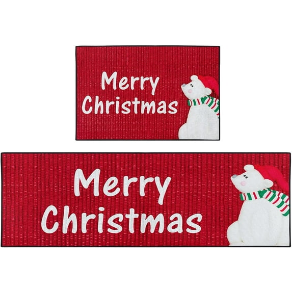 Christmas Kitchen Rugs and Mats Non Skid Washable Set of 2, Cute Santa Bear Kitchen Floor Mats, Xmas Red Kitchen Runner Rug, Winter Kitchen Decor