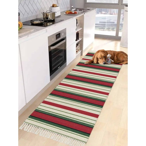 Christmas Kitchen Runner Rug 2x5 Bedside Rug with Tassel Cotton Woven Throw Rugs Washable Hallway Runner Rugs Green Red Beige Striped Farmhouse Lines Floor Carpet for Bedroom Bathroom Living Room