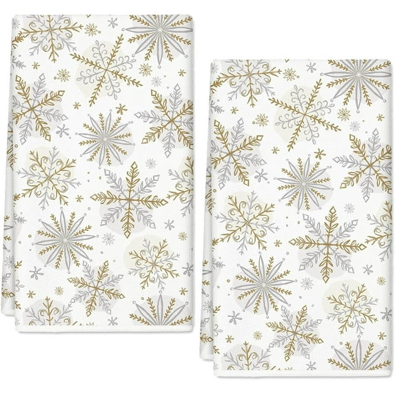 Christmas Kitchen Towels 18 x 26 Inch Silver Gold Snowflake Dish Towel Xmas Winter Absorbent Hand Drying Tea Towel for Cooking Baking, 2Pcs