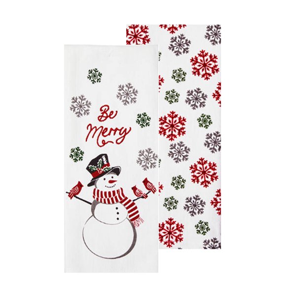 Christmas Kitchen Towels, 2-Piece Set White Cardinal Snowflake Dual-Sided Print Winter Wonder