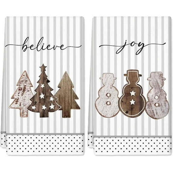 Christmas Kitchen Towels Brown Grey Wood Grain Xmas Tree Winter Snowmen Dishcloth 18 x 26 Inch Ultra Absorbent Hand Drying Tea Towel for Home Party Cooking Baking, Set of 2