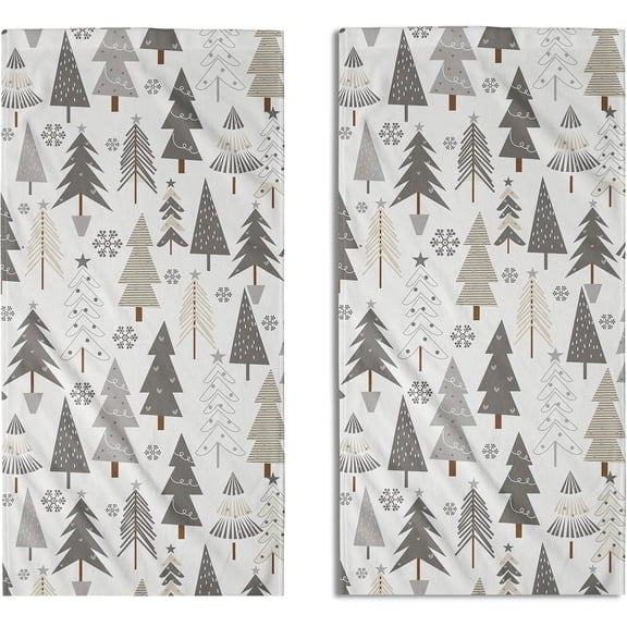 Christmas Kitchen Towels, Christmas Hand Towels for Bathroom Set of 2 Gray Grey Xmas Tree Snowflakes Print Holiday Themed Decorative Handtowels