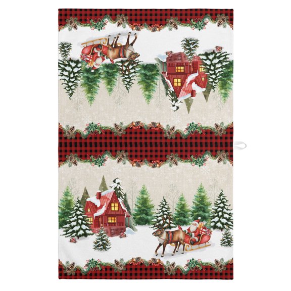 Christmas Kitchen Towels Dish Towel Pack of 1 Reindeer Sled Cottage Snowflakes Trees Plants Linen Red Plaid Soft Dish Cloth Set Absorbent Dishcloth for Drying Dishes, Hand Towels 18 x 28 Inches