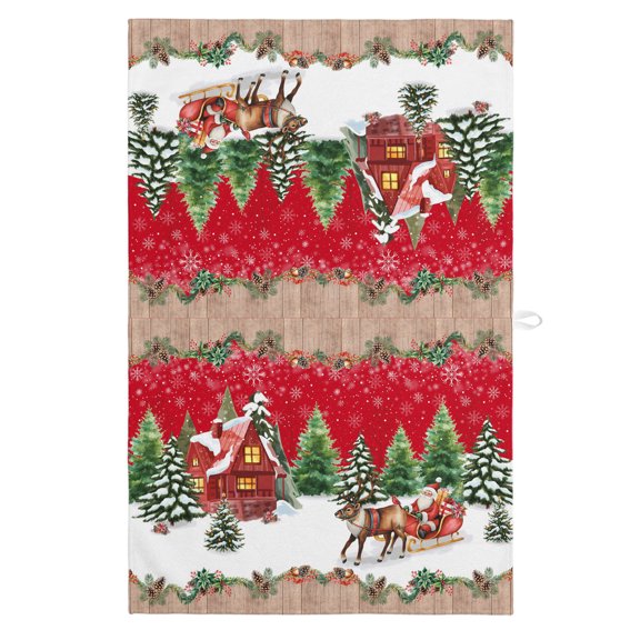 Christmas Kitchen Towels Dish Towel Pack of 1 Reindeer Sled Cottage Trees Plants Snowflakes Red Wood Soft Dish Cloth Set Absorbent Dishcloth for Drying Dishes, Hand Towels 18 x 28 Inches