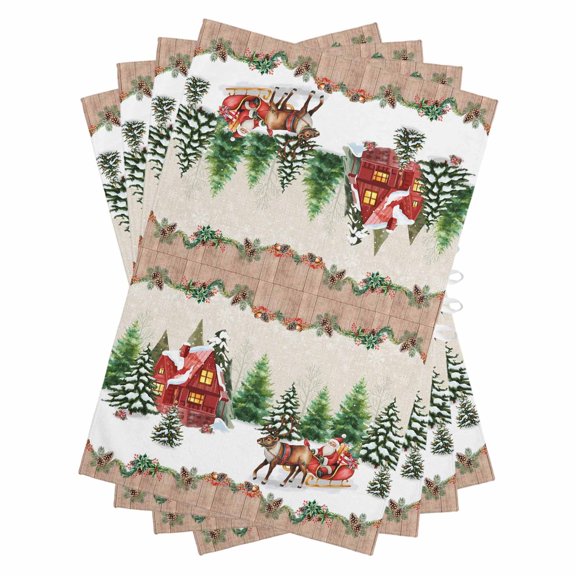 Christmas Kitchen Towels Dish Towel Pack of 4 Reindeer Sled Cottage Trees Plants Snowflakes Linen Wood Soft Dish Cloth Set Absorbent Dishcloth for Drying Dishes, Hand Towels 18 x 28 Inches